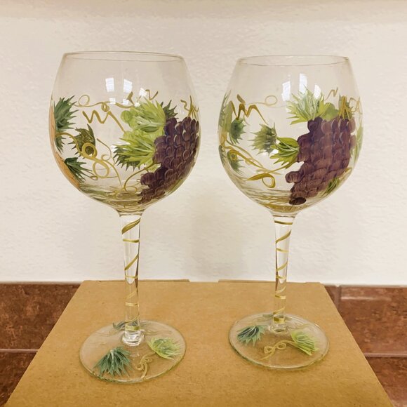 WINE GLASSES - set 6 Hand Painted GRAPES, VINES, LEAVES Design Wine Glasses 8.5" - Picture 4 of 8